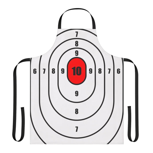 Person wearing an apron with a bullseye target design, perfect for shooting range or target practice.