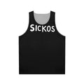 Unisex tank top with "Sickos Ha Ha Yes" political cartoon design