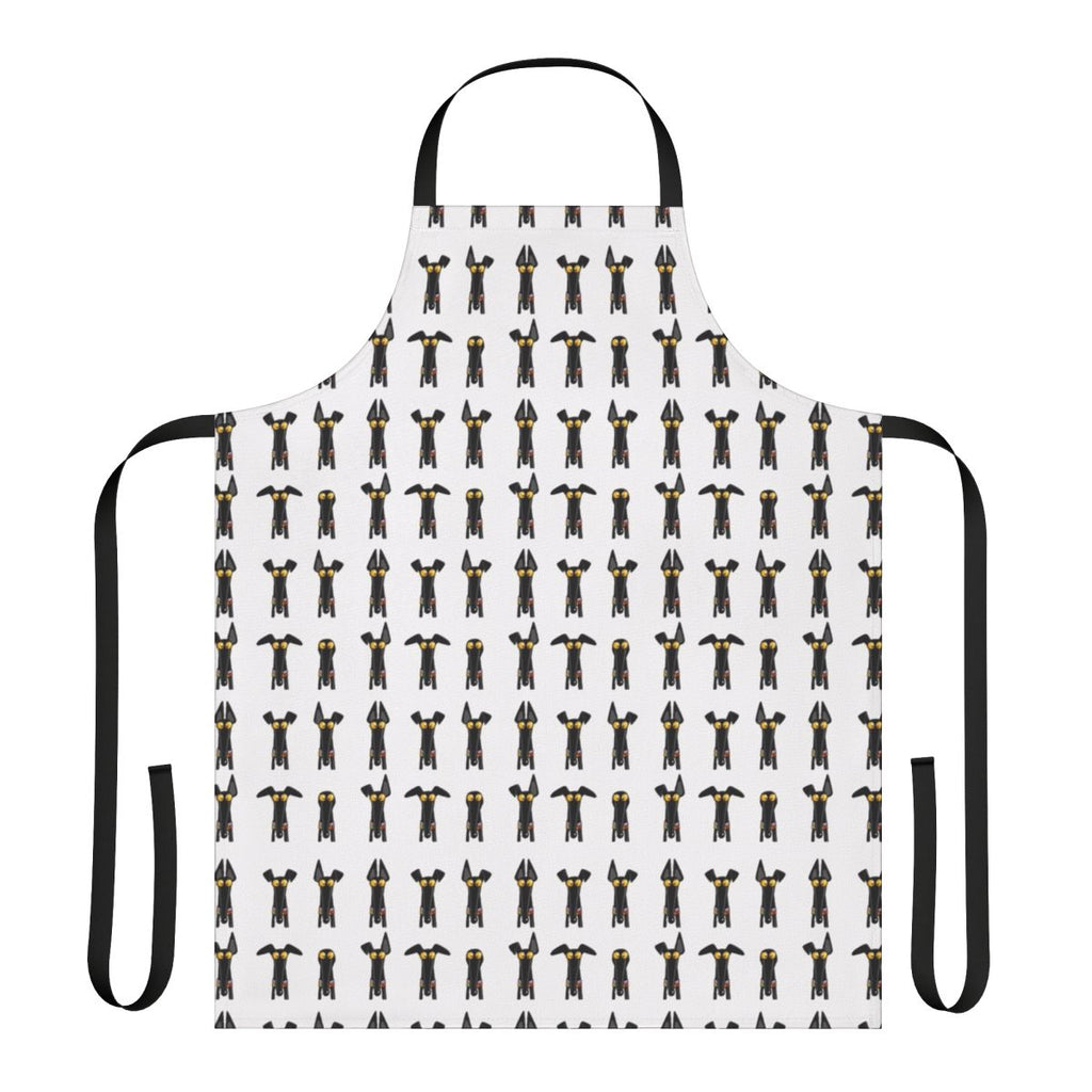 A white apron featuring a cartoon-style greyhound or whippet in a semaphore pose.