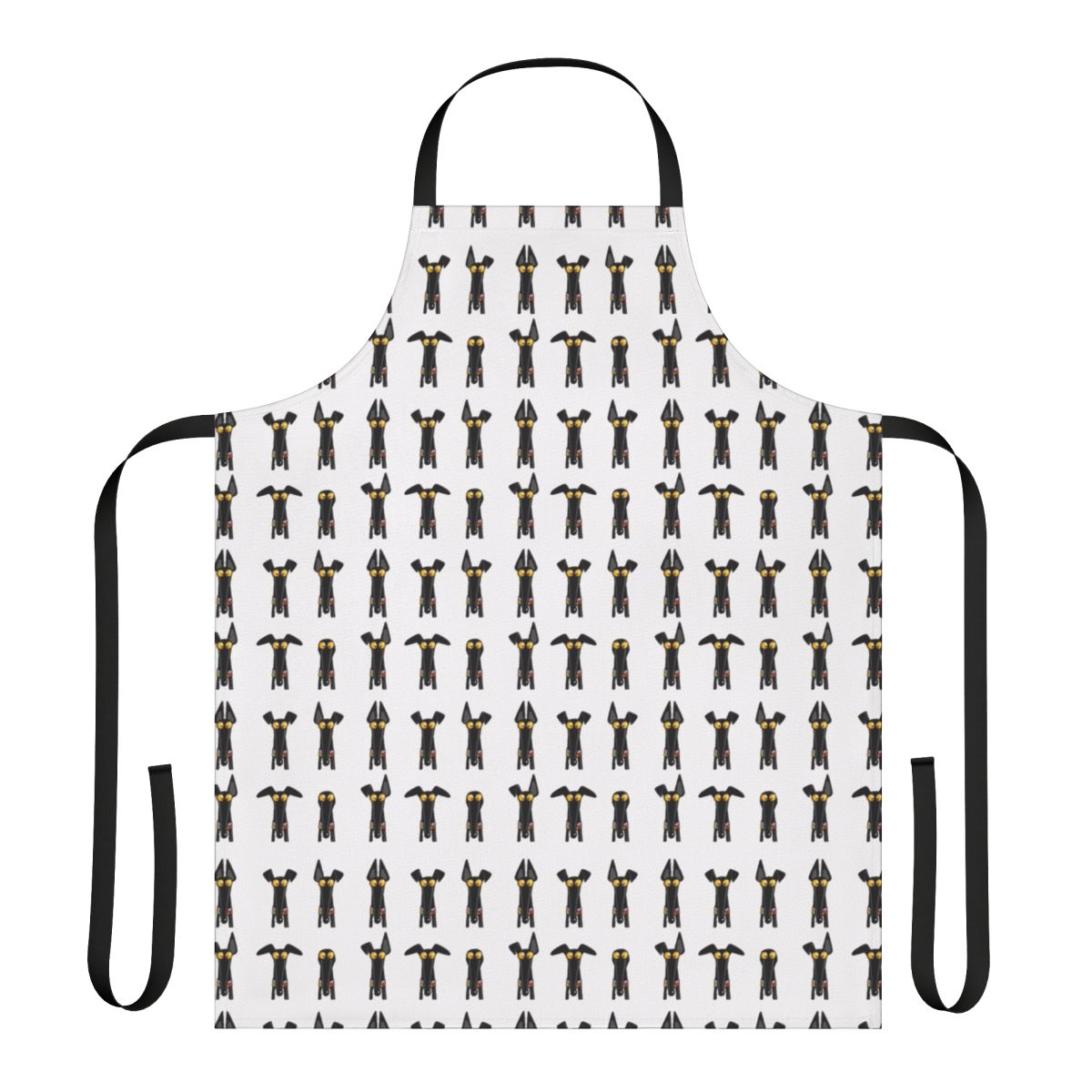 A white apron featuring a cartoon-style greyhound or whippet in a semaphore pose.