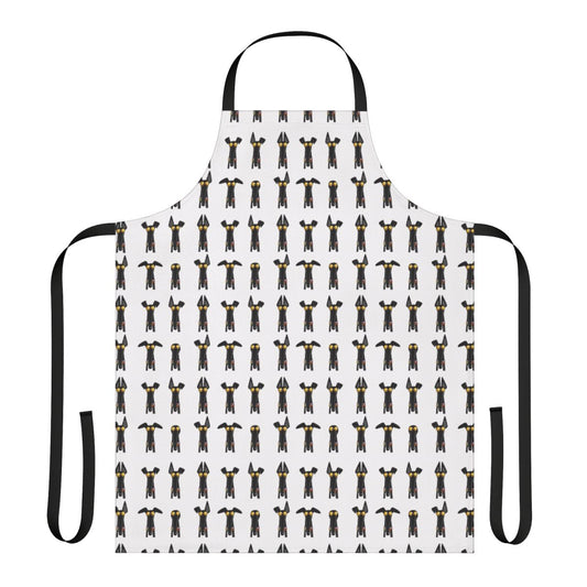 A white apron featuring a cartoon-style greyhound or whippet in a semaphore pose.