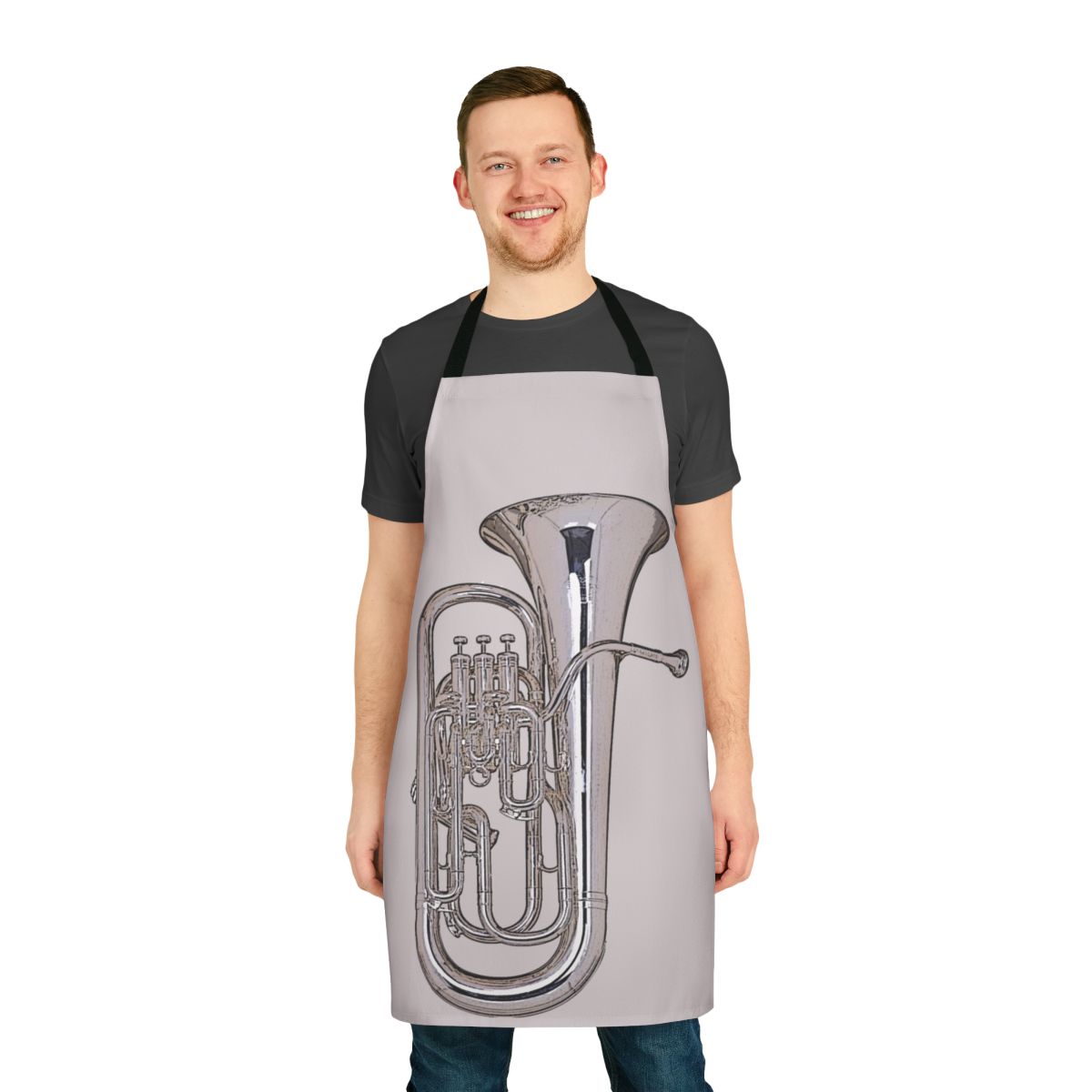 Silver euphonium-themed apron with musical notes