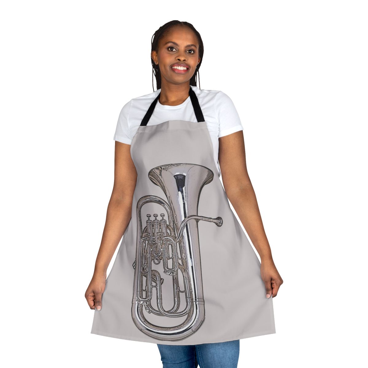 Silver euphonium-themed apron with musical notes