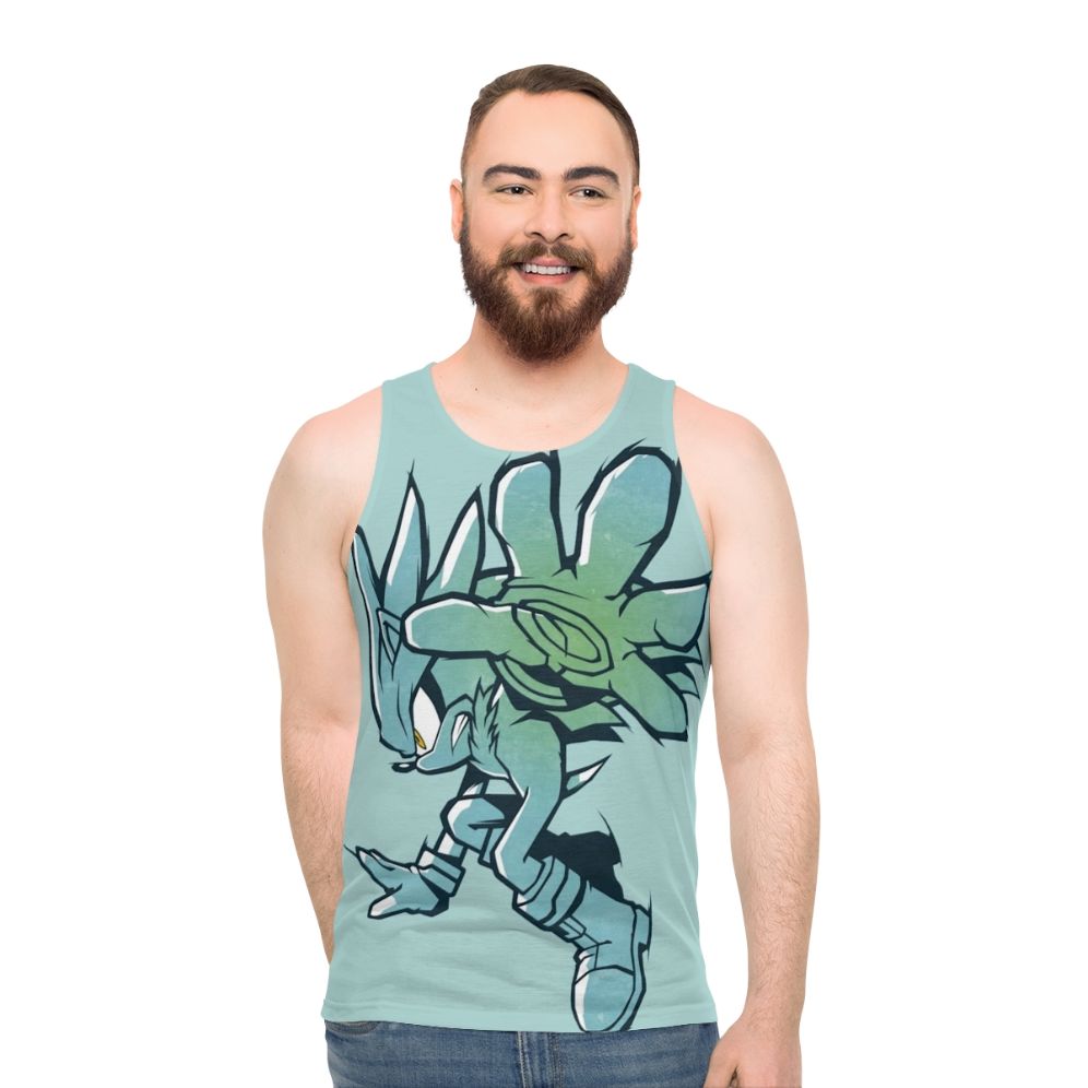 Silver unisex tank top with Sonic the Hedgehog themed design