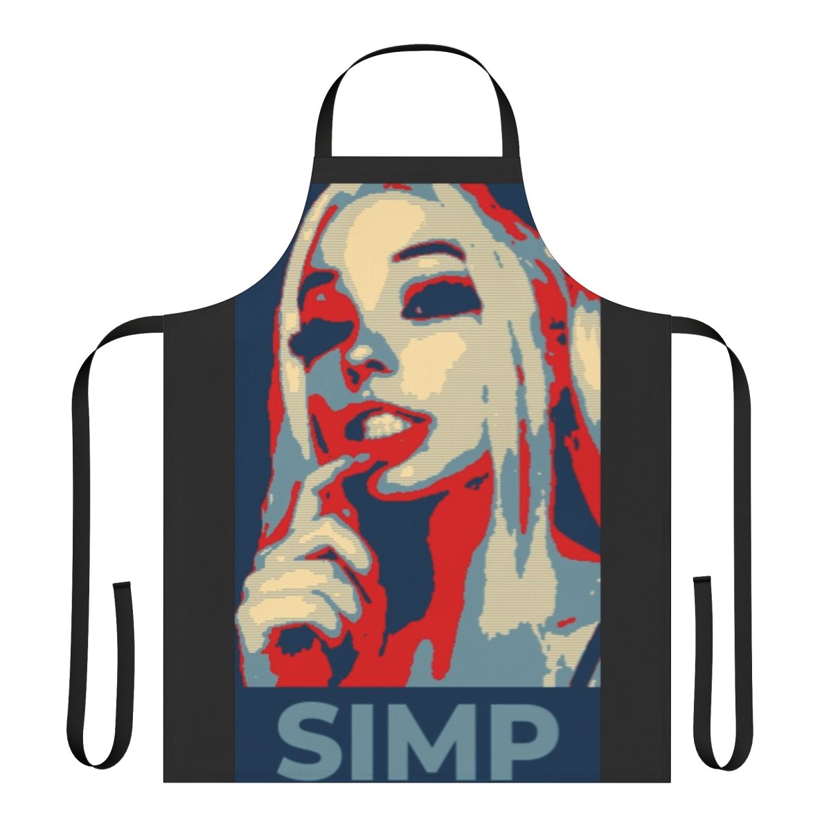 A humorous apron featuring a parody design referencing internet culture and memes