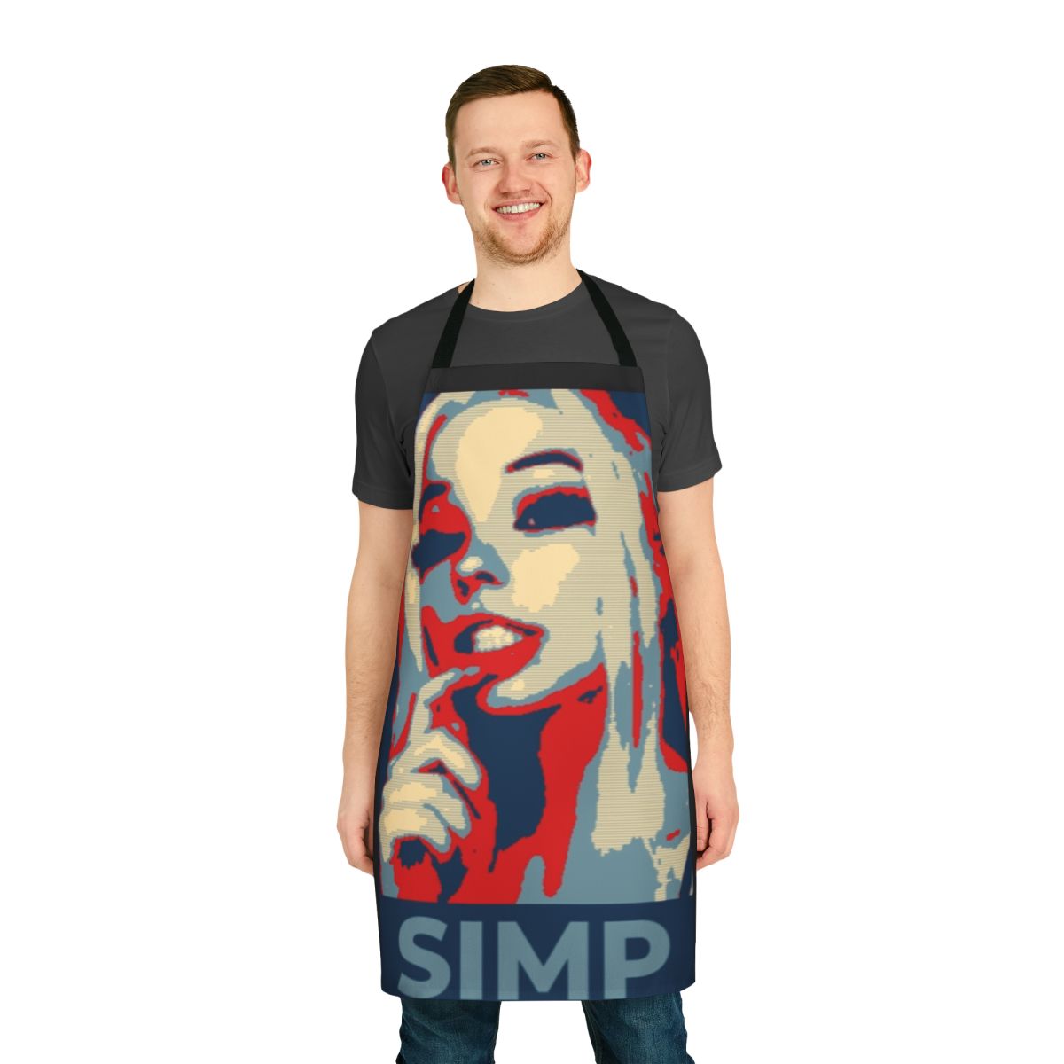 A humorous apron featuring a parody design referencing internet culture and memes