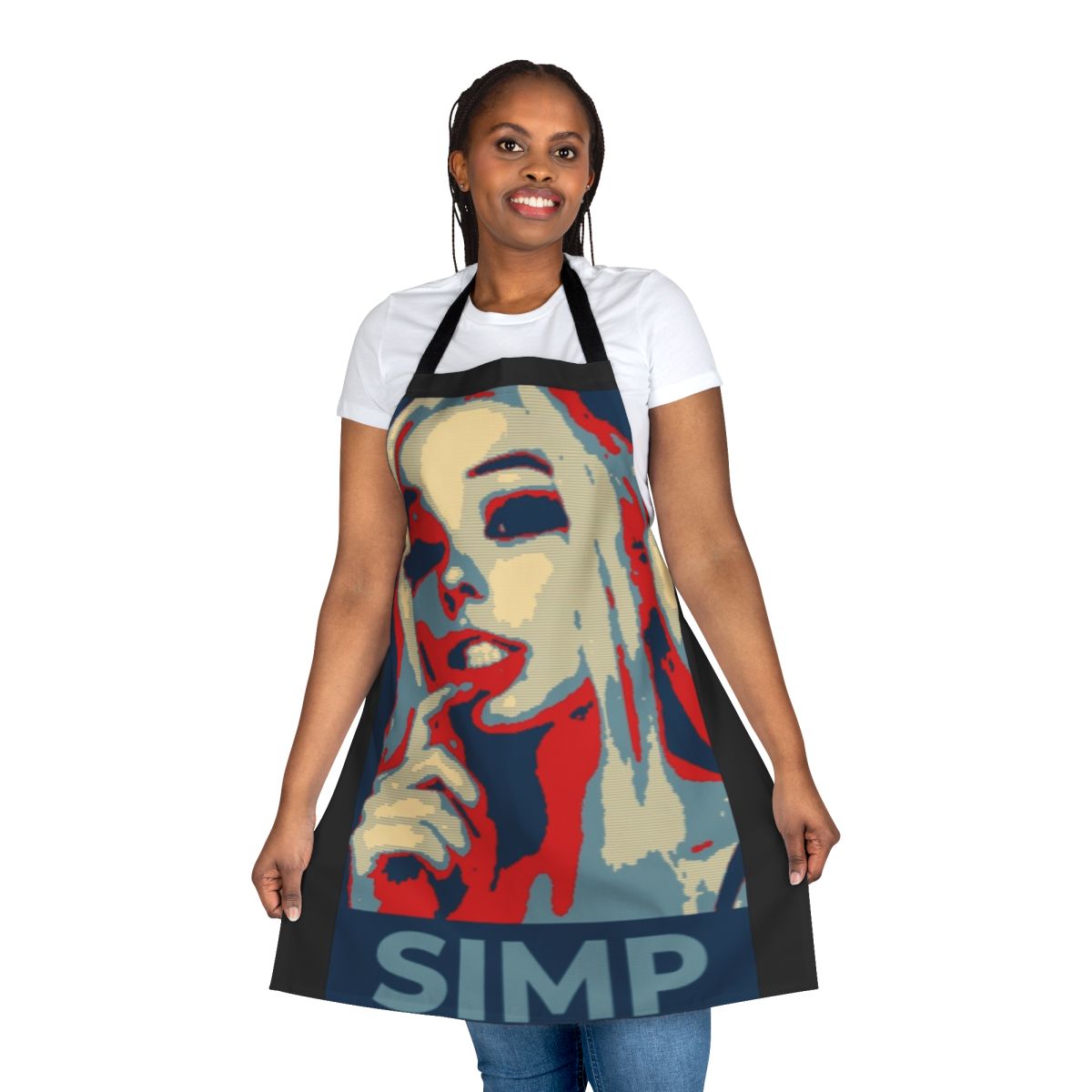 A humorous apron featuring a parody design referencing internet culture and memes