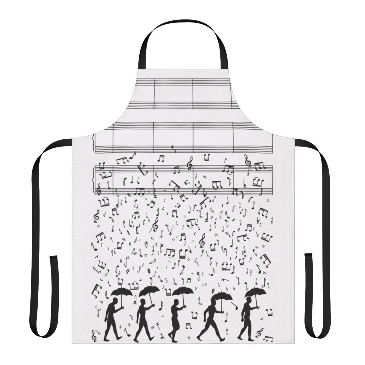Singing in the Rain themed apron with musical notes and weather-inspired design