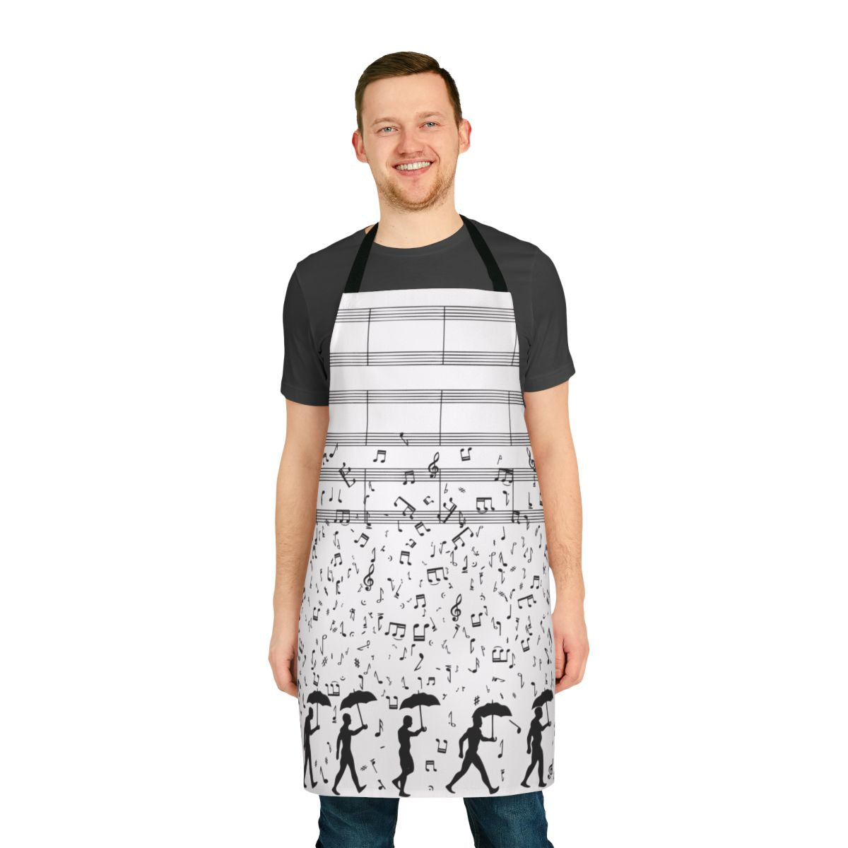 Singing in the Rain themed apron with musical notes and weather-inspired design