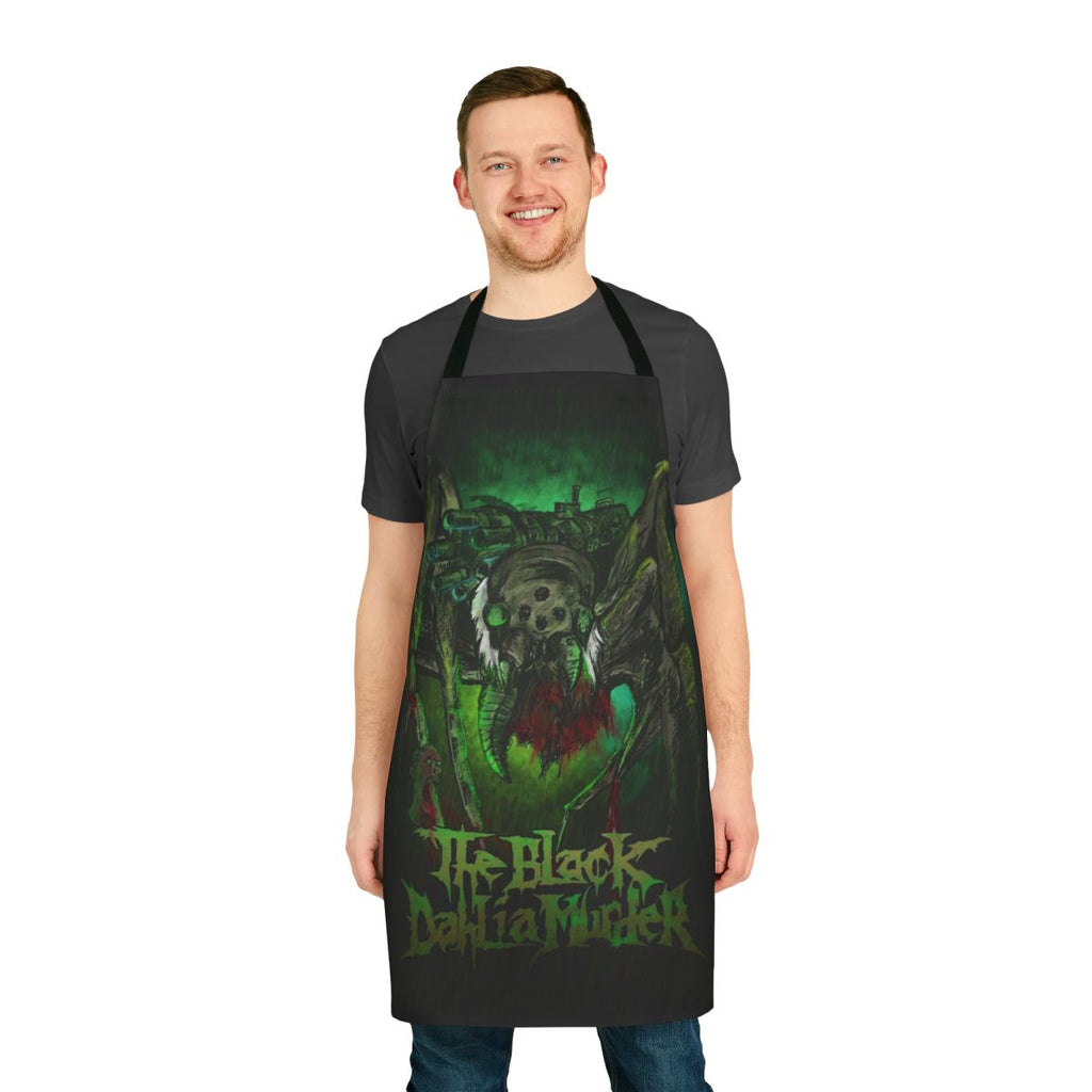 Black metal inspired apron with post-apocalyptic and horror-themed design