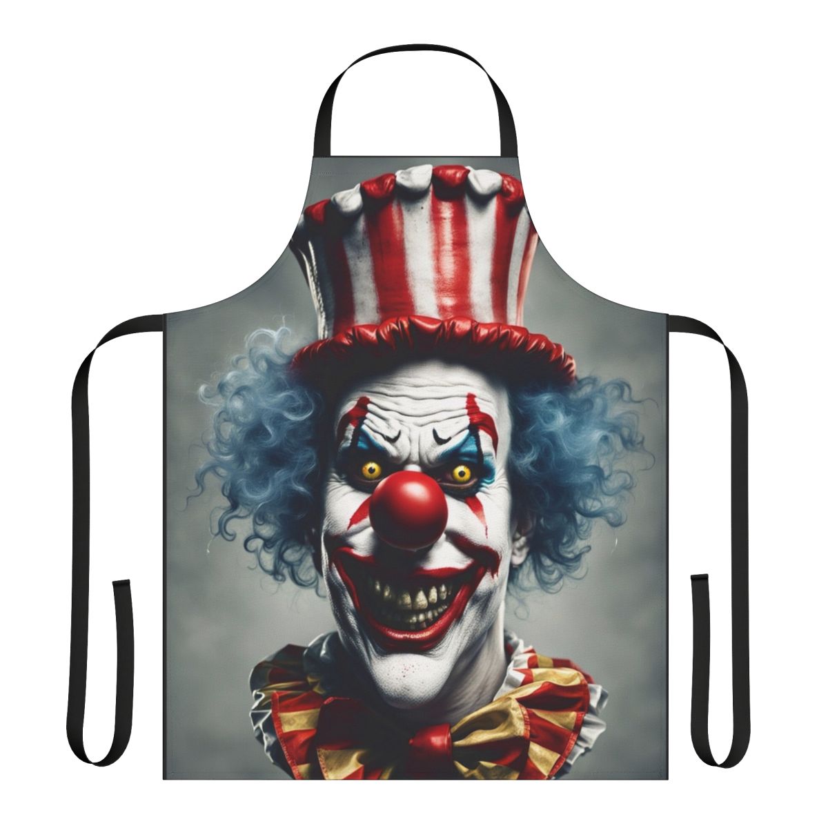 Sinister clown face printed on a durable apron