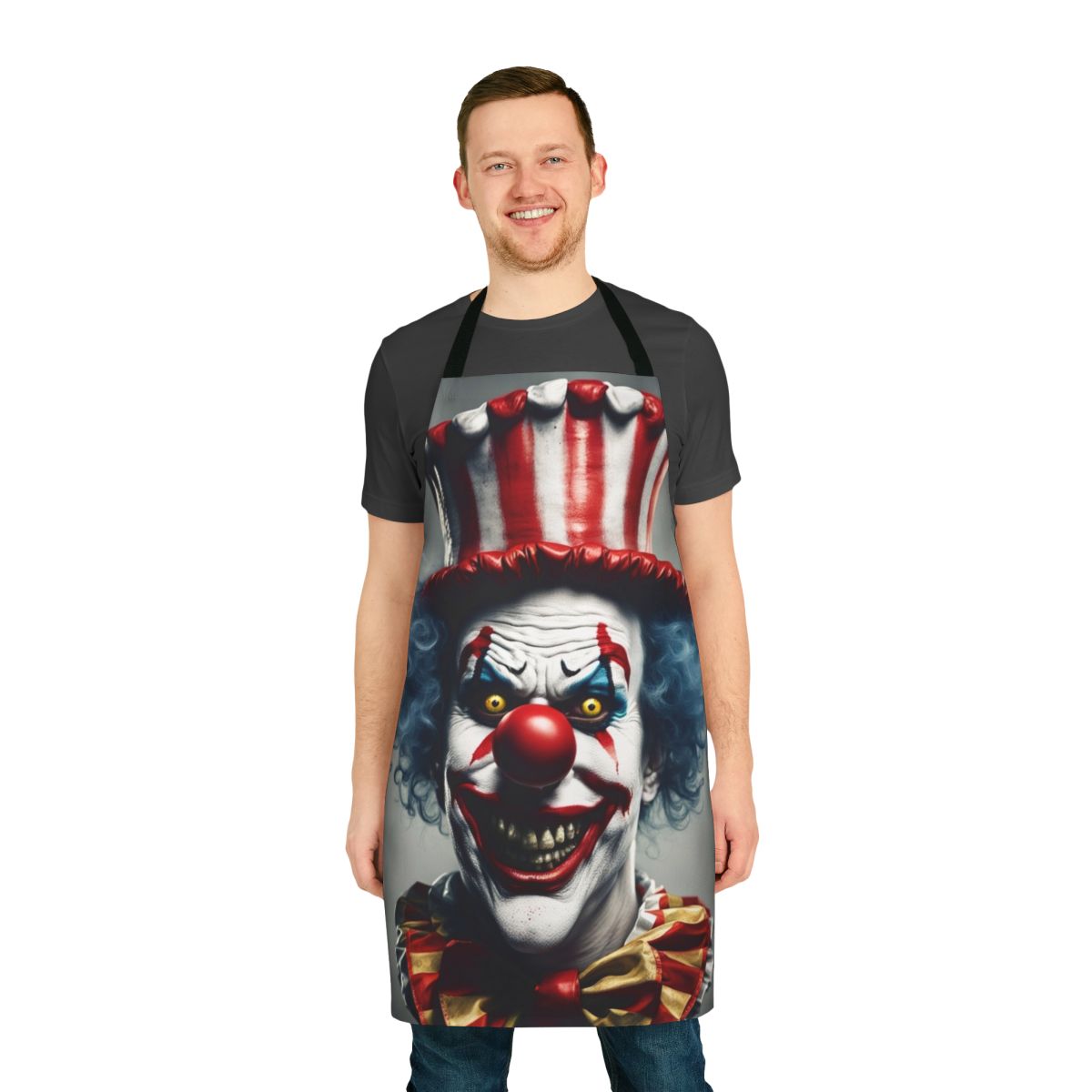 Sinister clown face printed on a durable apron