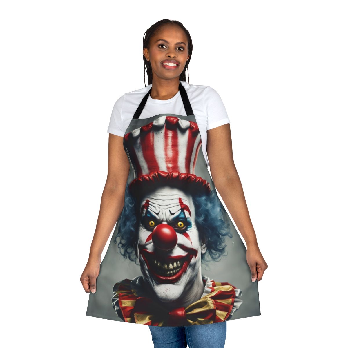 Sinister clown face printed on a durable apron