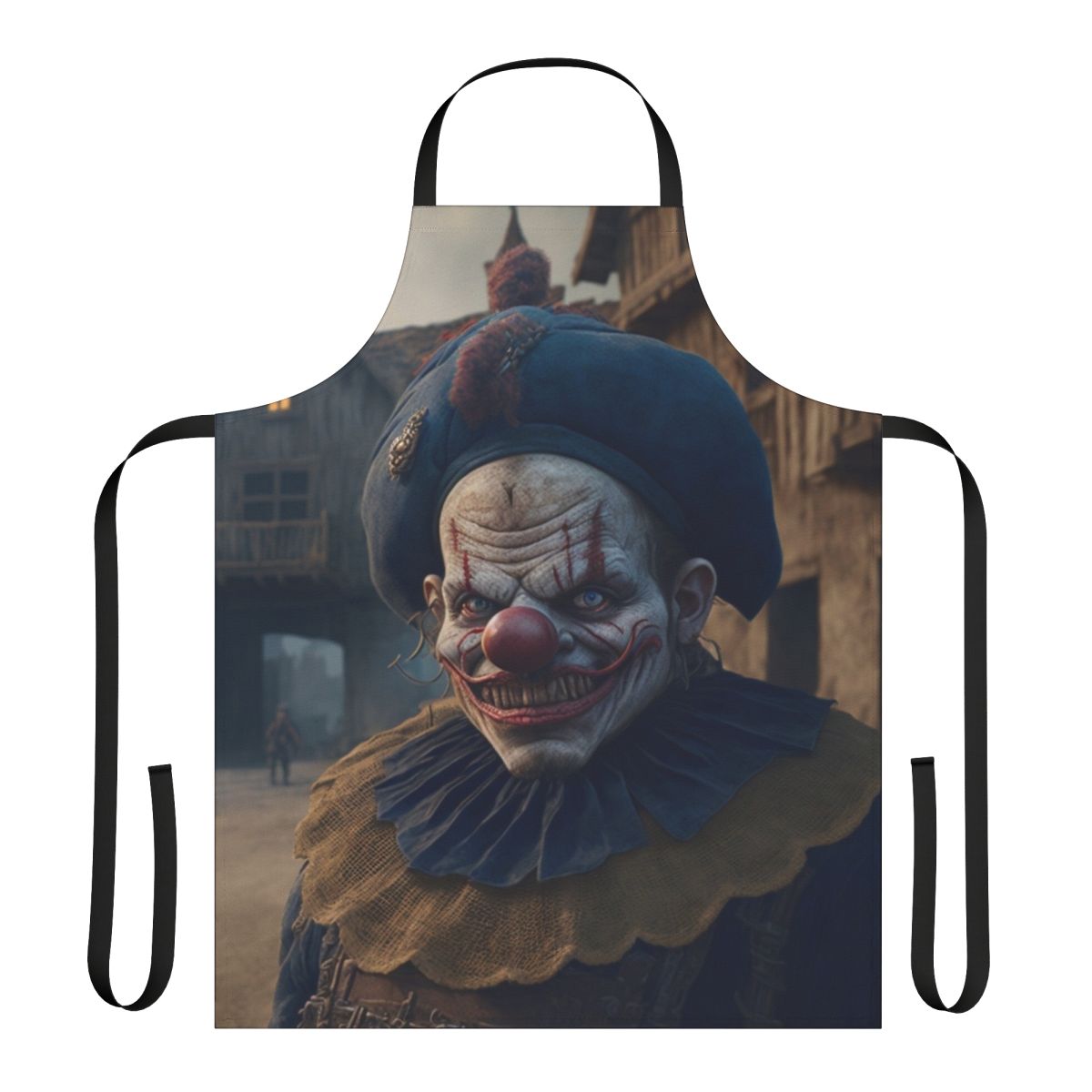 Sinister-looking clown apron with bold, dark colors and a creepy clown design.