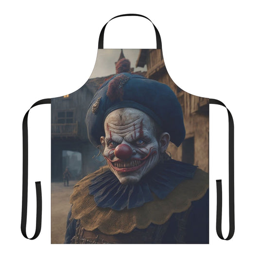 Sinister-looking clown apron with bold, dark colors and a creepy clown design.