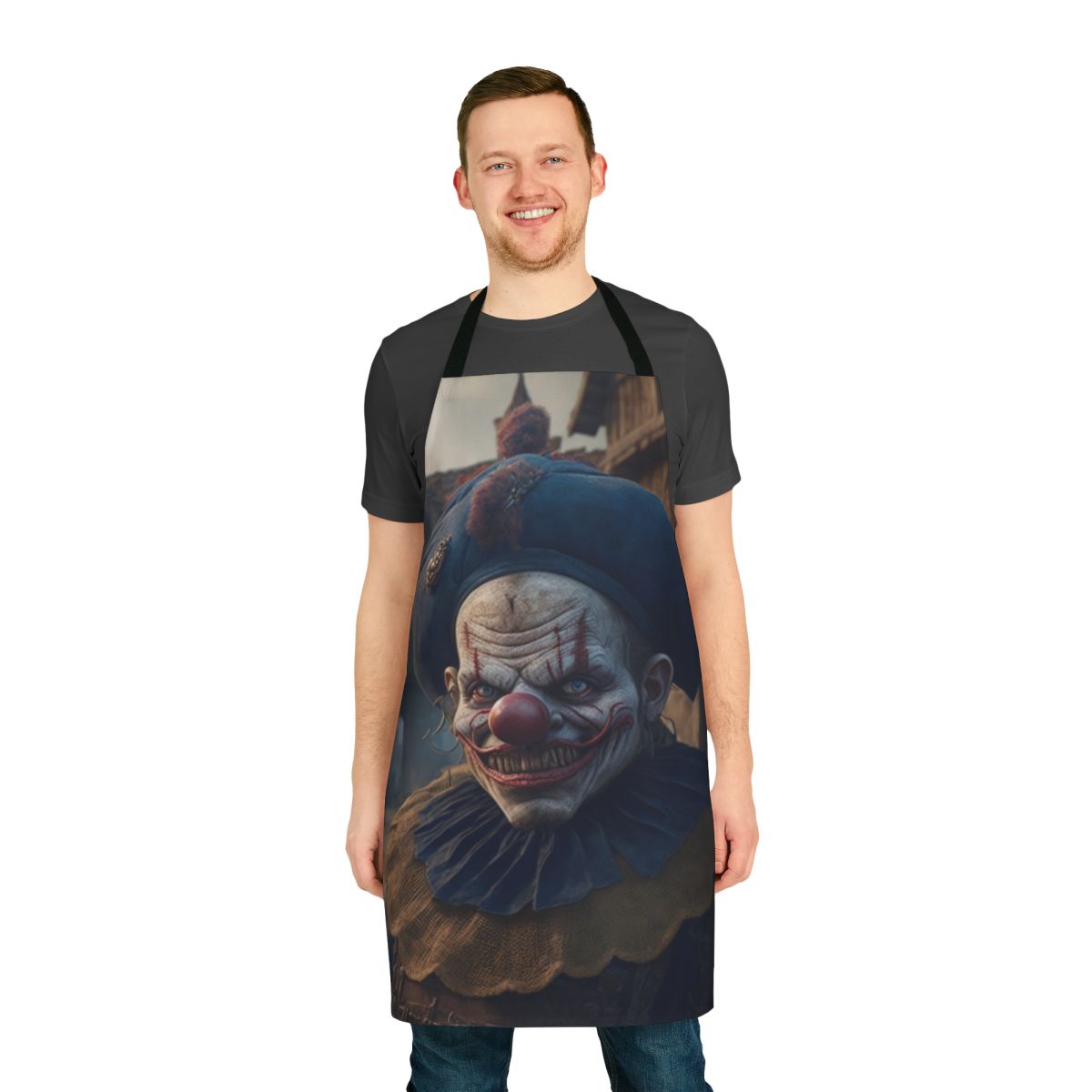 Sinister-looking clown apron with bold, dark colors and a creepy clown design.