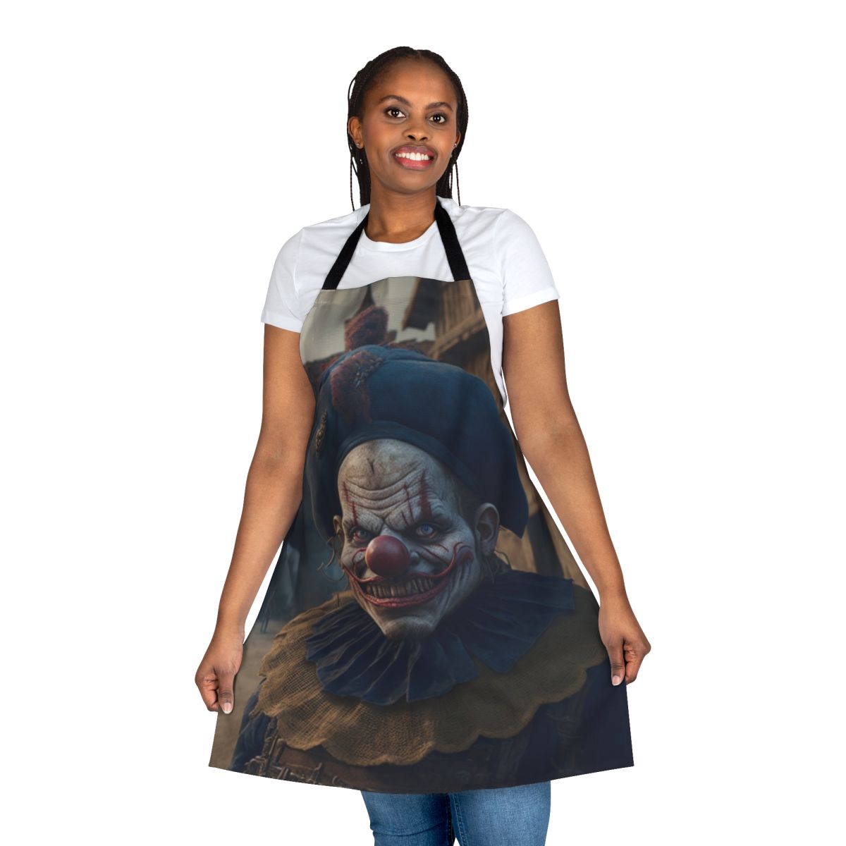 Sinister-looking clown apron with bold, dark colors and a creepy clown design.