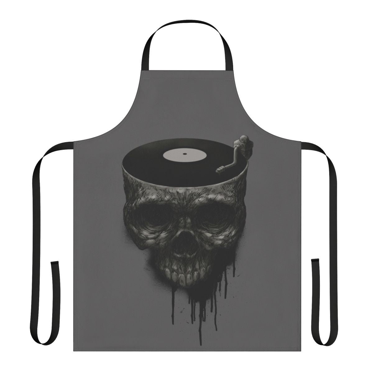 A dark and surreal apron featuring a skull and dancing figure design