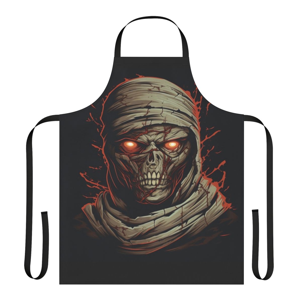 A dark, sinister-looking apron with a mummy design, featuring cracked pale skin, glowing red eyes, and sharp decayed teeth.