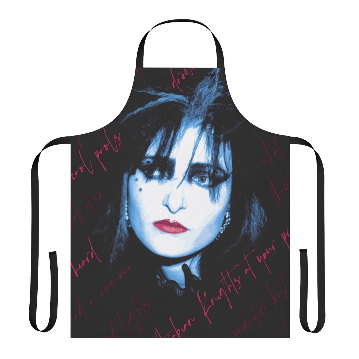 A black and white apron featuring a bold gothic design inspired by Siouxsie Sioux and the 1980s post-punk and new wave era.
