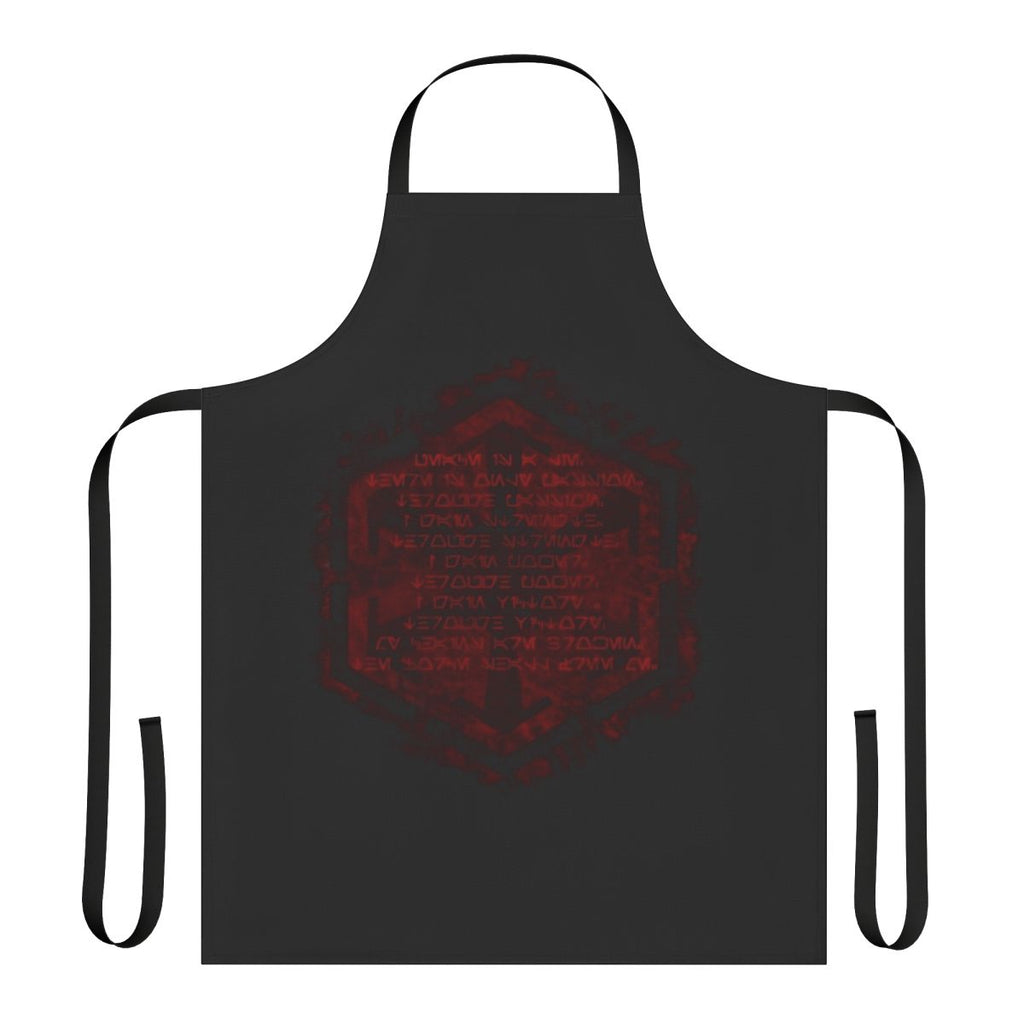 A black apron featuring the Sith Code from the Star Wars universe