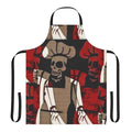 Skeleton chef wearing a black and white apron, holding cooking utensils.