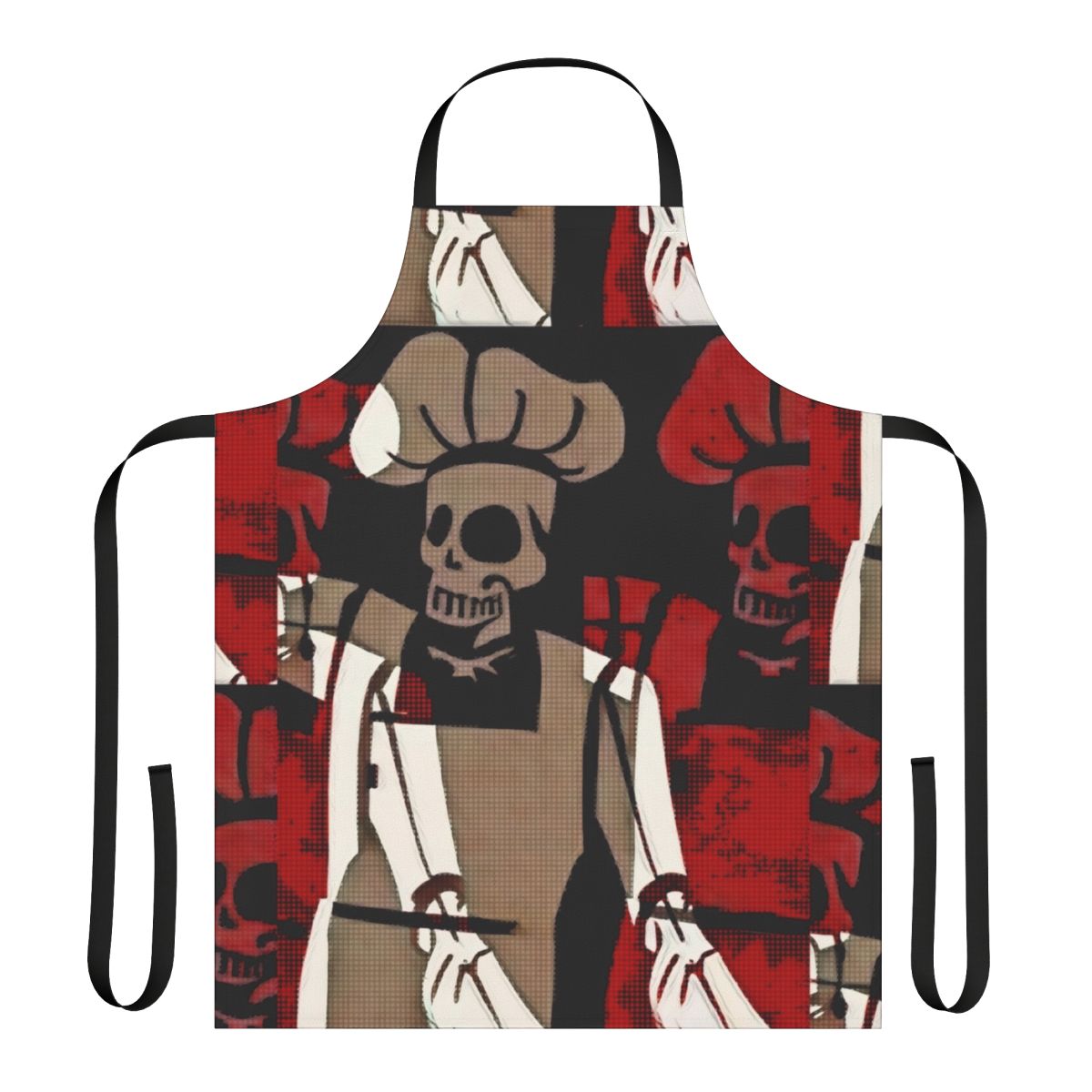Skeleton chef wearing a black and white apron, holding cooking utensils.