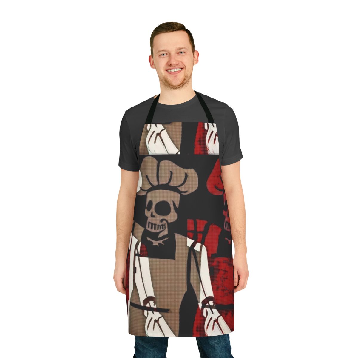 Skeleton chef wearing a black and white apron, holding cooking utensils.