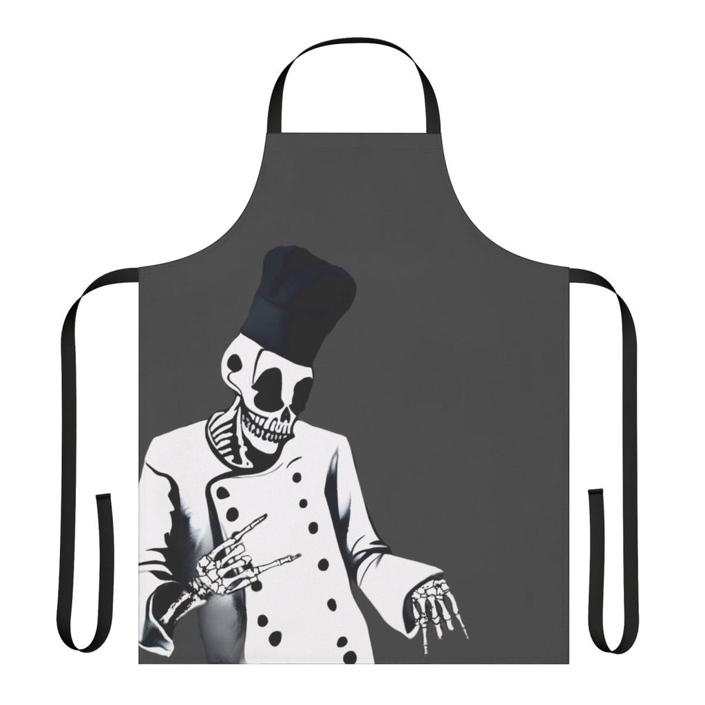 Skeleton chef wearing a grey background apron