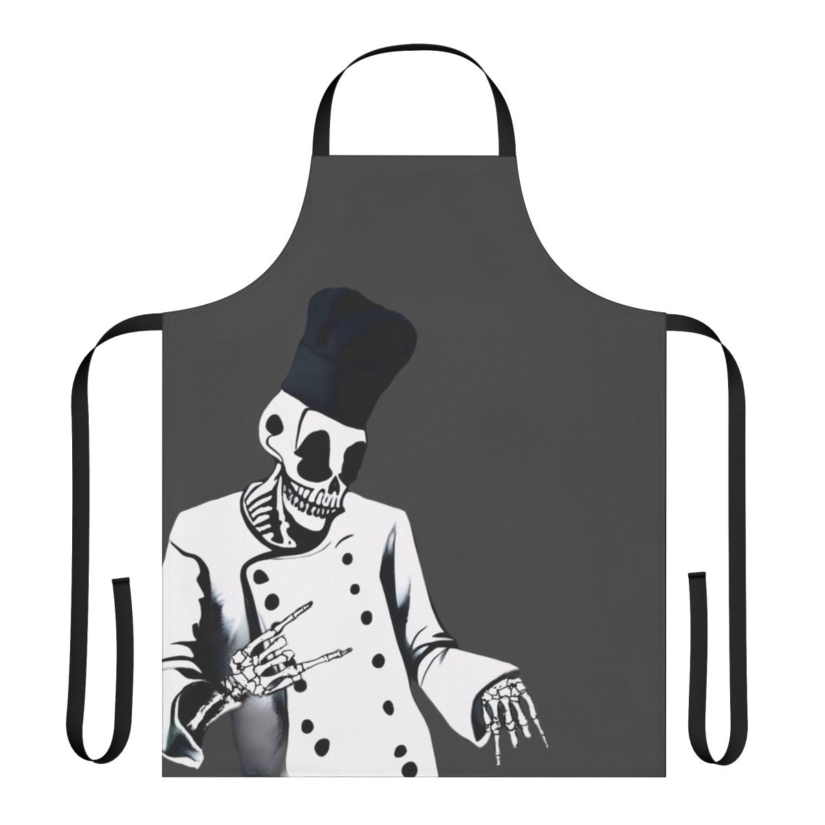 Skeleton chef wearing a grey background apron