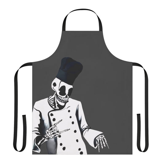 Skeleton chef wearing a grey background apron