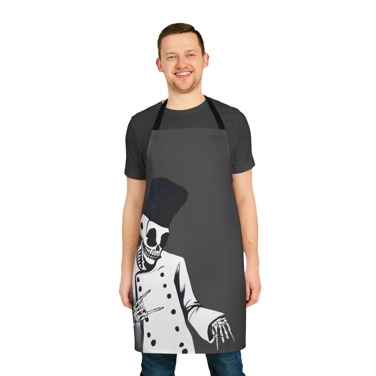 Skeleton chef wearing a grey background apron