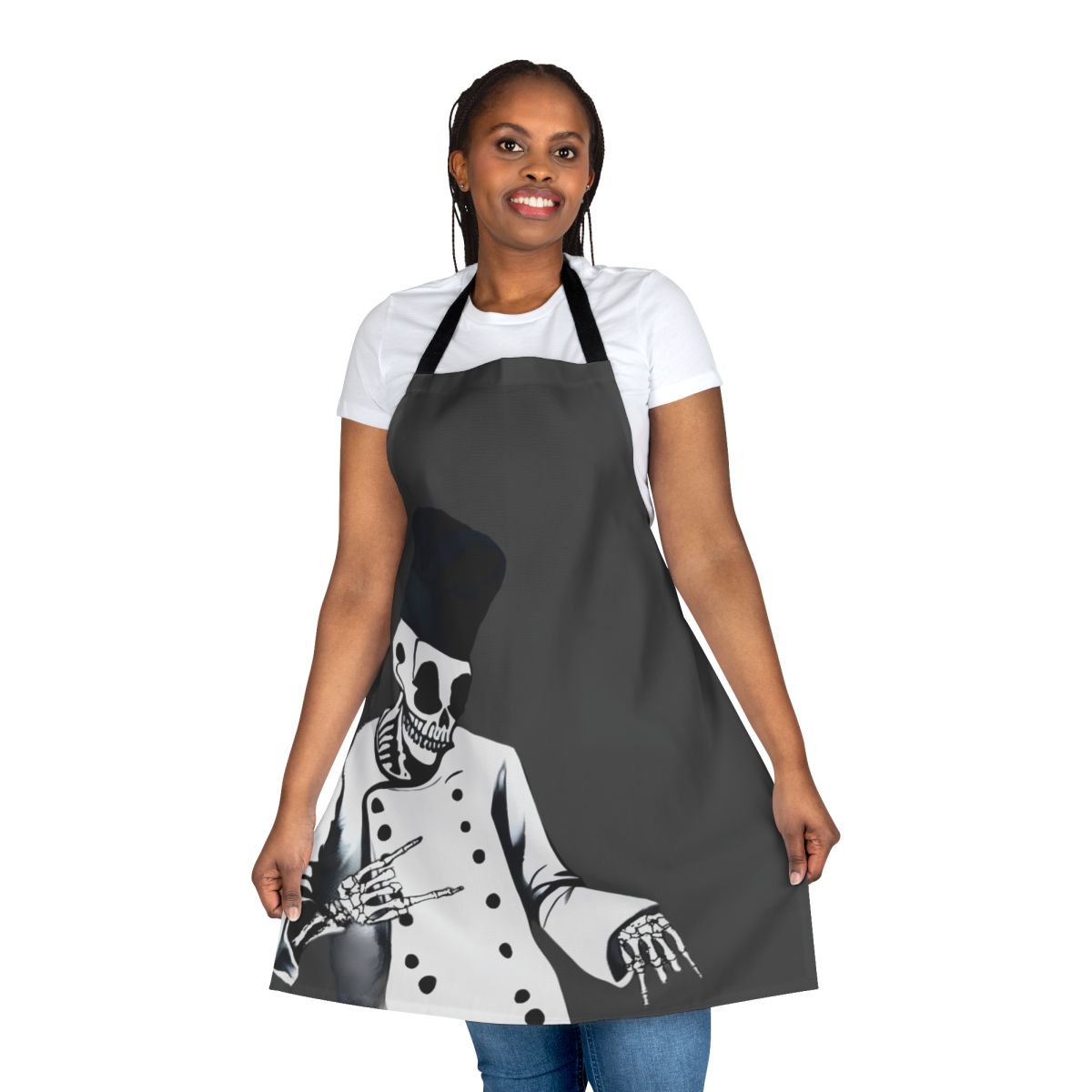 Skeleton chef wearing a grey background apron