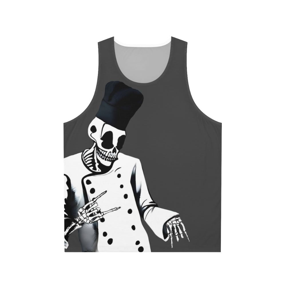 Skeleton chef graphic on a grey unisex tank top