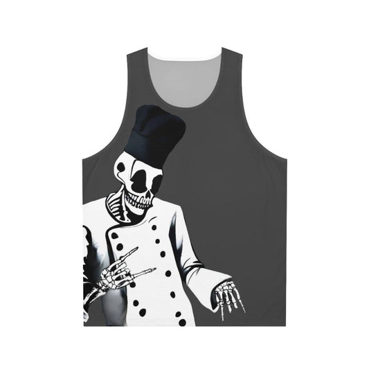 Skeleton chef graphic on a grey unisex tank top
