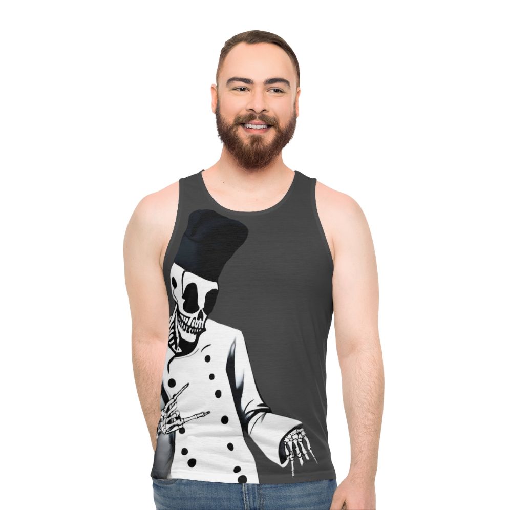 Skeleton chef graphic on a grey unisex tank top