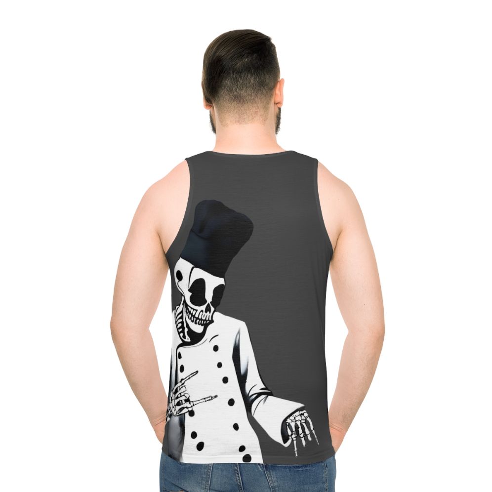 Skeleton chef graphic on a grey unisex tank top