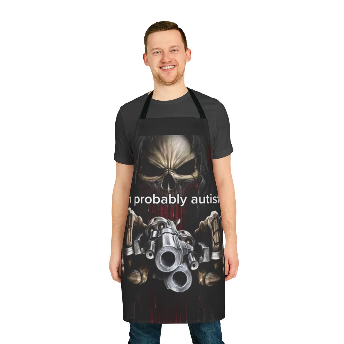 Image of an apron featuring a skeleton meme design with text "I'm Probably Autistic"