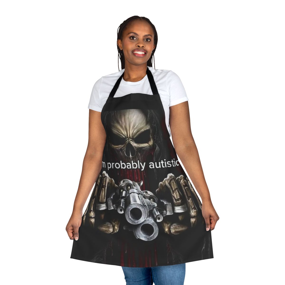 Image of an apron featuring a skeleton meme design with text "I'm Probably Autistic"