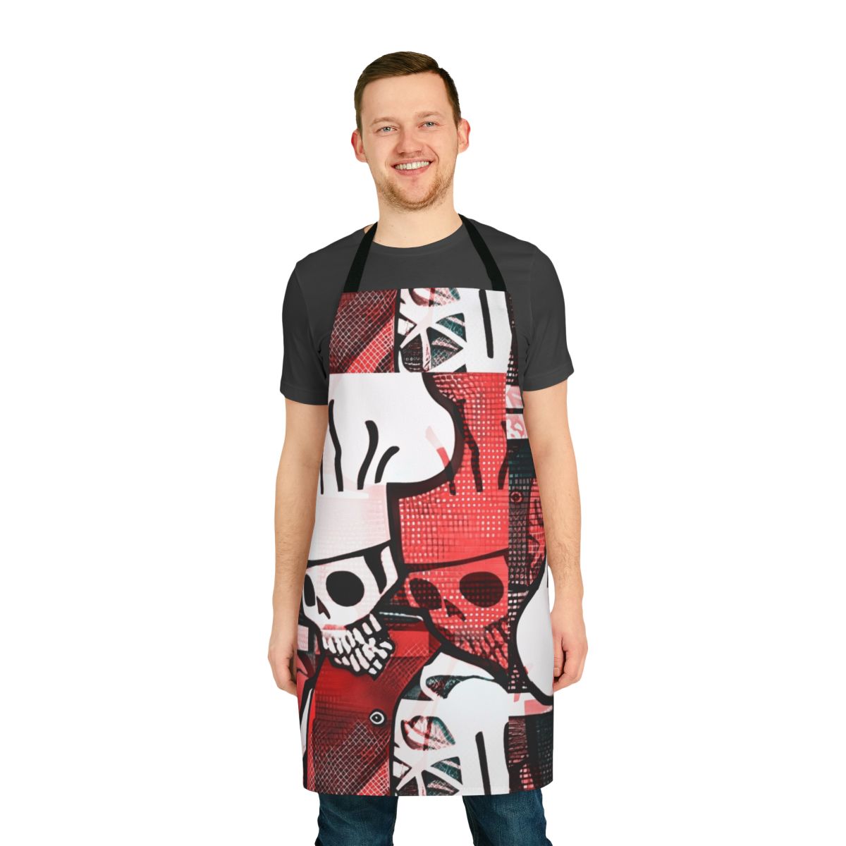 Skeleton-themed chef apron with a stylized skeleton design