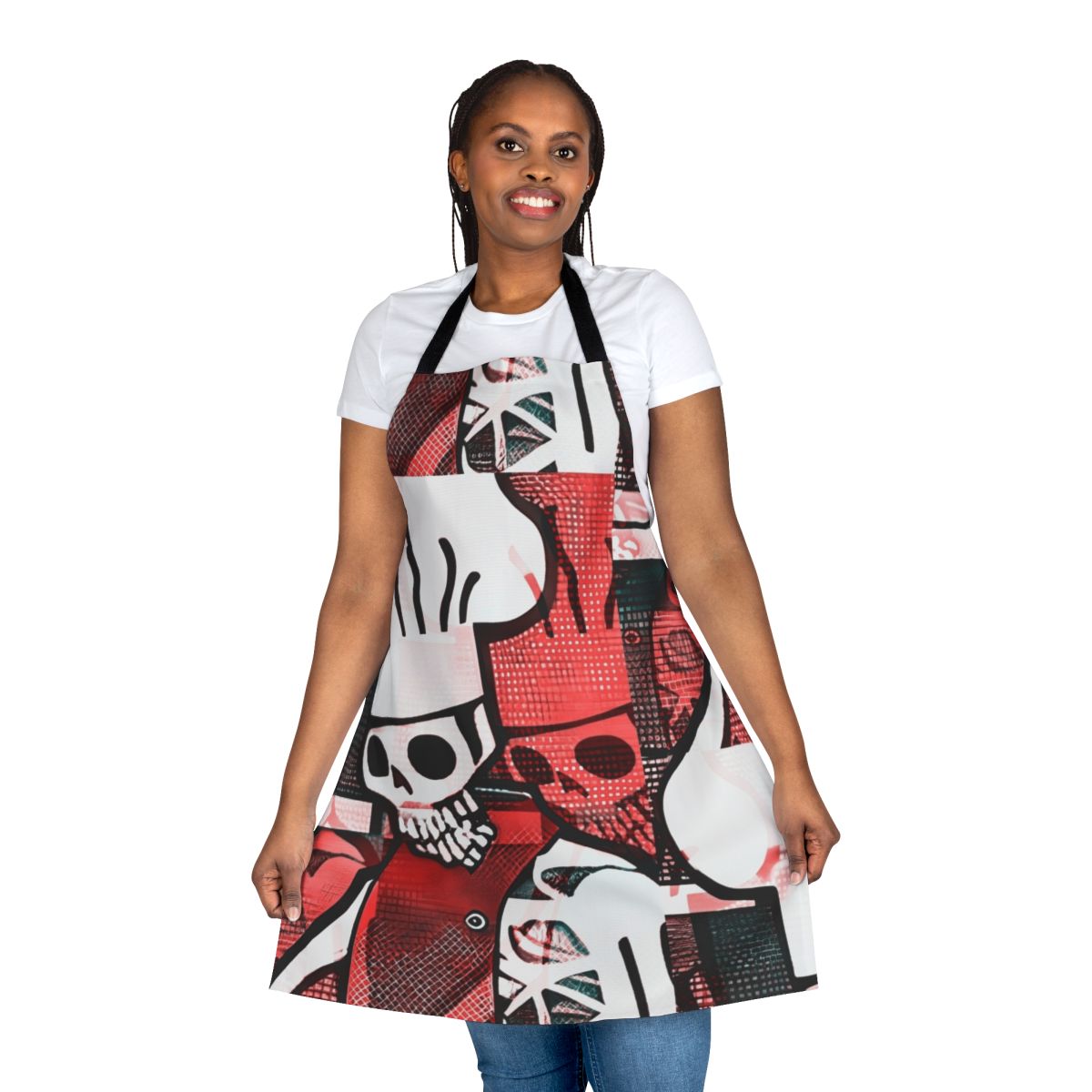 Skeleton-themed chef apron with a stylized skeleton design