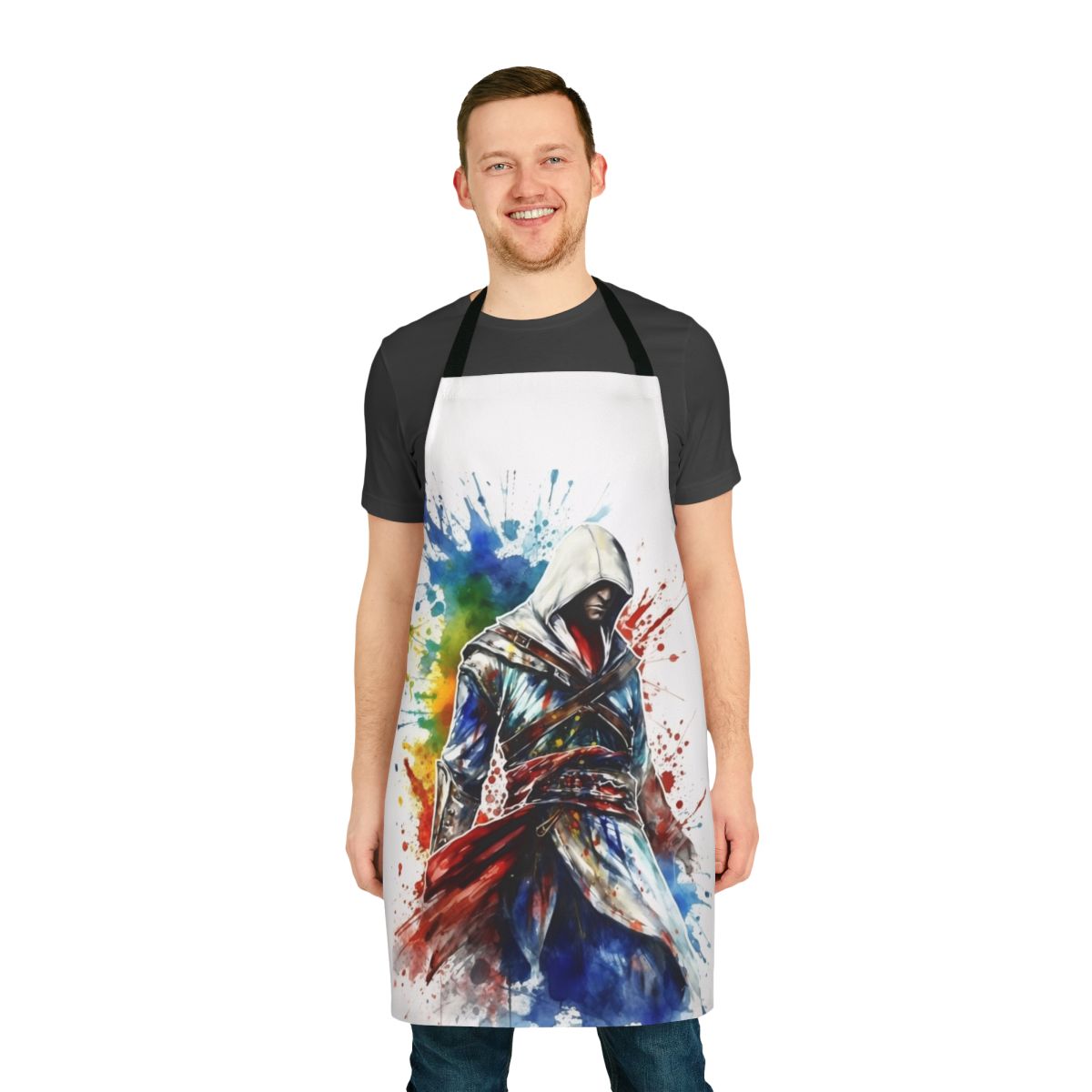 Sketch style apron featuring Assassin's Creed inspired splatter design