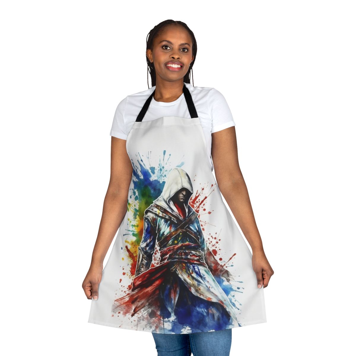 Sketch style apron featuring Assassin's Creed inspired splatter design