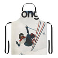 A white apron with a skier jumping in the mountains design, ideal for ski enthusiasts