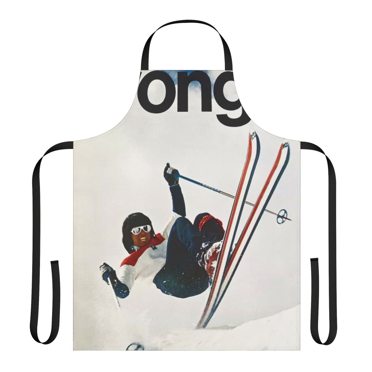 A white apron with a skier jumping in the mountains design, ideal for ski enthusiasts