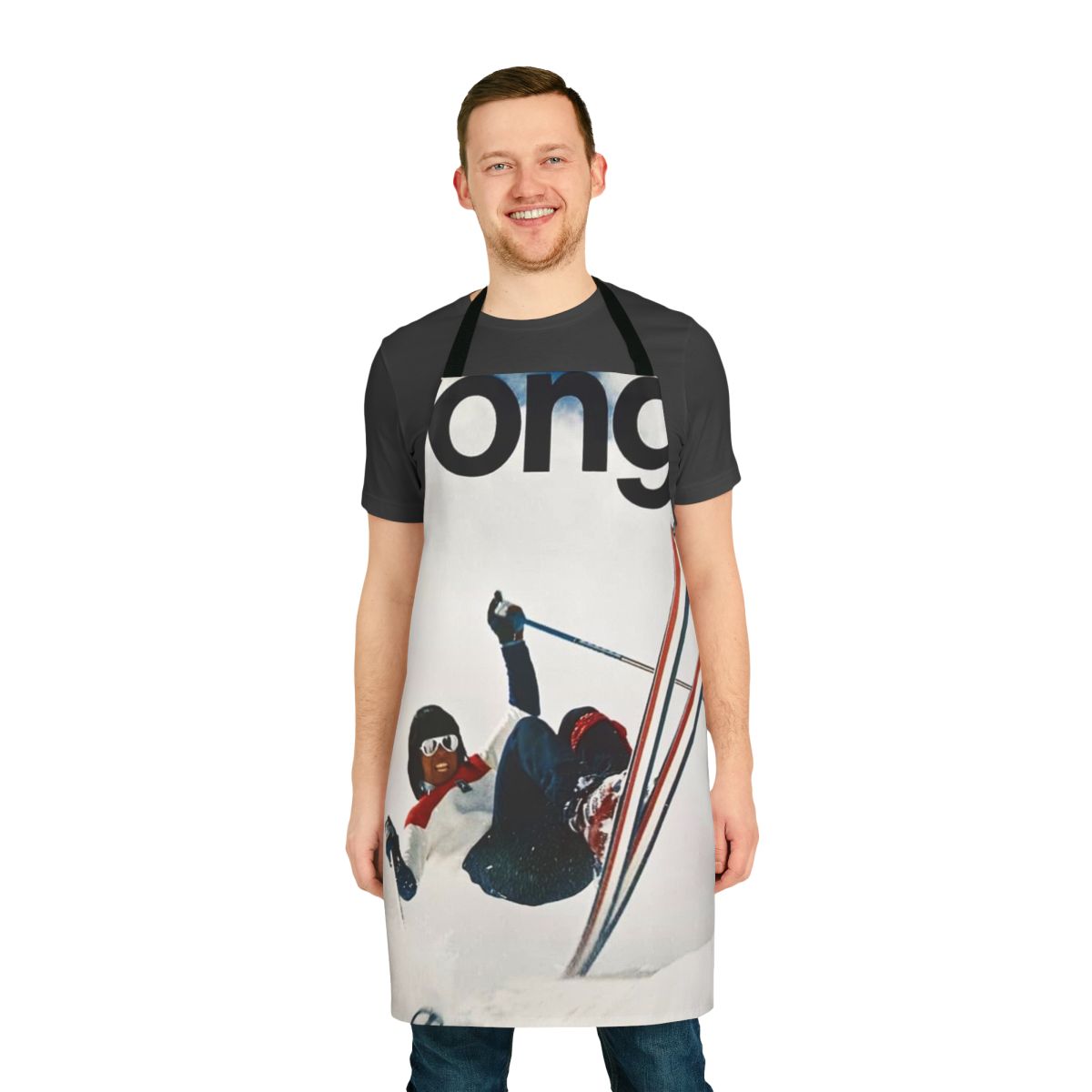 A white apron with a skier jumping in the mountains design, ideal for ski enthusiasts