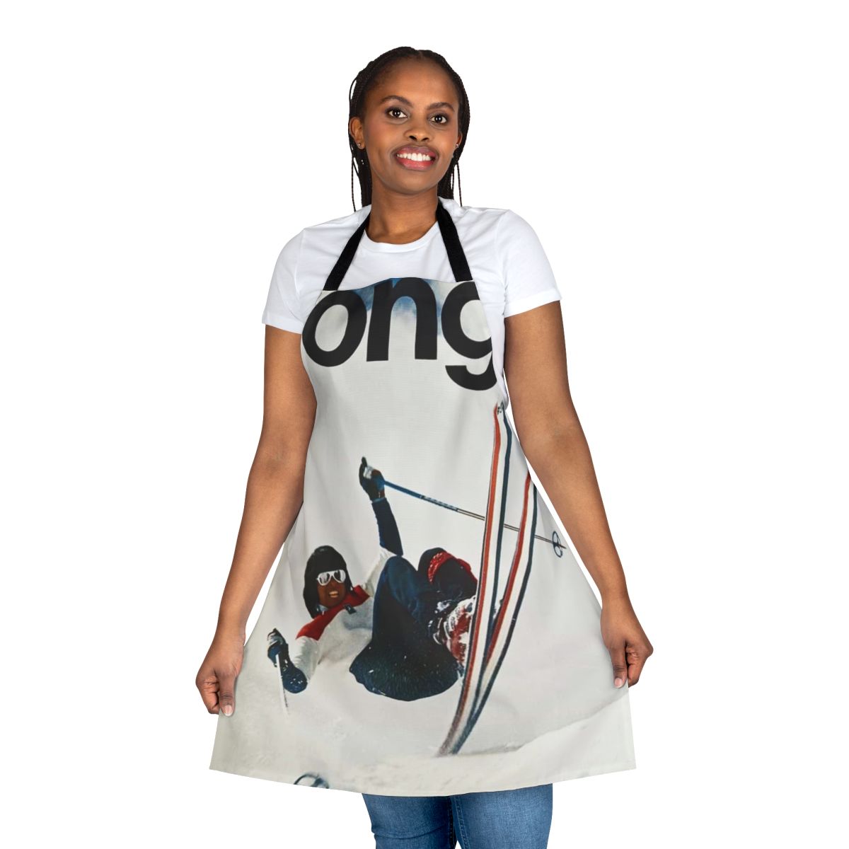 A white apron with a skier jumping in the mountains design, ideal for ski enthusiasts