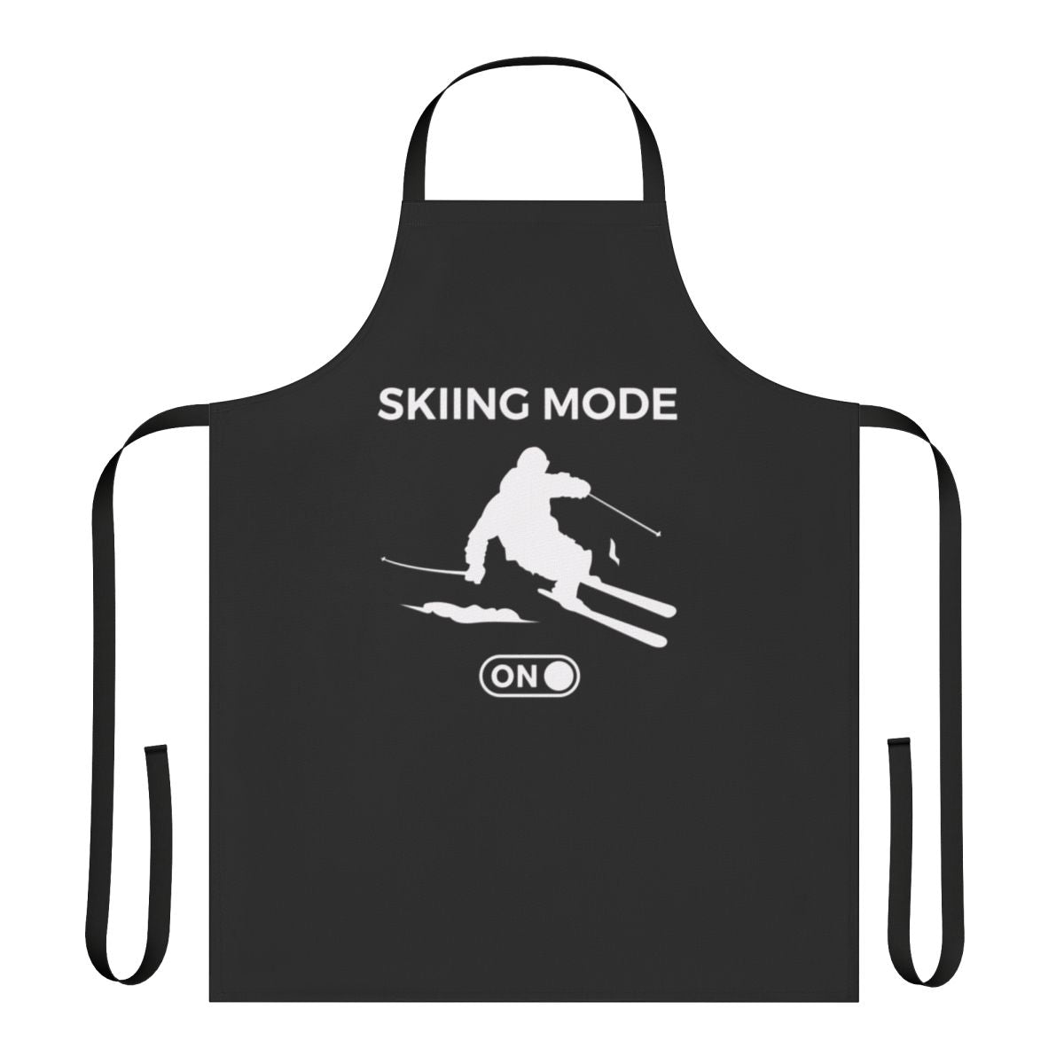 Skiing themed apron with the text "Skiing Mode On" against a snowy mountain background