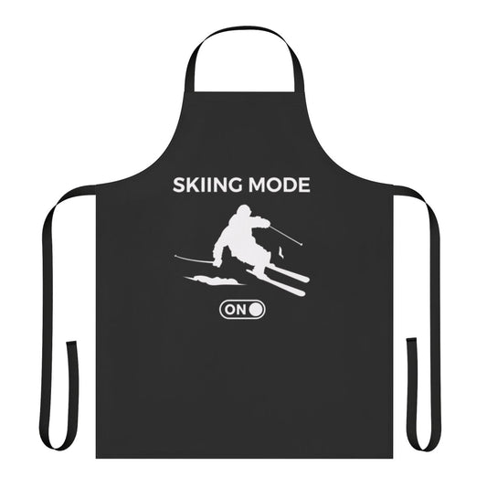 Skiing themed apron with the text "Skiing Mode On" against a snowy mountain background