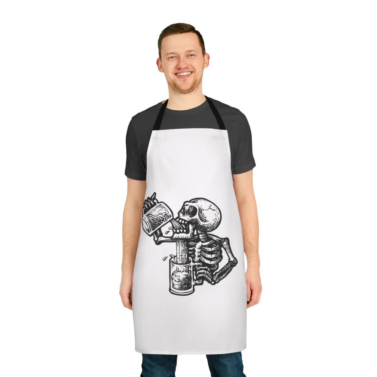 Skull and crossbones design on a high-quality, durable apron for the kitchen, bar, or any occasion.